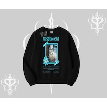 Missing Cat Baskılı Biskilet Sweatshirt Siyah