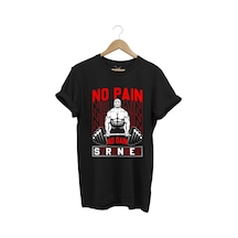 Gym Sporcu Fitness No Pain No Gain Dumbell Tasarım Baskılı %100 Pamuk Regular Fit Siyah T-shirt Siyah