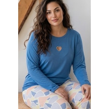 Siyah İnci Desenli Nakışlı Büyük Beden Battal Boy Viskon Örme Pijama Takım 26224822 mavi