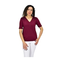 Kadın Yarım Kol V Yaka Taşlı Triko Tişöt 12857 Bgl-st04656 Bordo