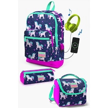 Coral High Kids Lacivert Pembe Unicorn Desenli Usb'li 3'lü Okul Çanta Seti - Kız Çocuk Çok Renkli