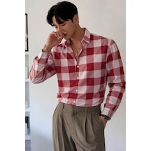 Erkek Ekose-kareli Gömlek Slim Fit Pamuk Karışımlı Klasik Tarz Uzun Kollu Gömlek Kırmızı