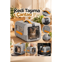 Porsima 0001 Kedi Taşıma Çantası Ve Kafesi - Emniyet Kemer Yuvalı, Havalandırmalı Kedi & Küçük Irk Köpek Taşıma Kutusu Gri / Turuncu