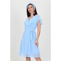 Neşeli Butik Kadın Midi Boy Yeni Sezon Kruvaze Yaka Melek Kol Şifon Elbise Ry8081 Bebe Mavisi
