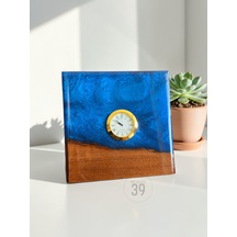 Classic Ceviz & Epoksi Masa Saati 3,5 Cm Altın Kaplama Quartz Mekanizma Tasarım Masaüstü Saat 15x15 Cm Mavi