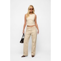 Bluew White Kadın Ekru %100 Pamuk Straight Fit Jean Pantolon