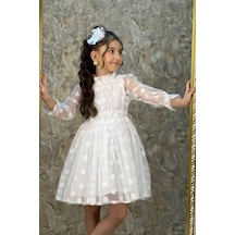 Riccotarz Kız Çocuk Kolları Transparan, Puantiyeli Ve Kuşak Detaylı Beyaz Elbise 001