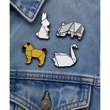 Origami Hayvanlar 4'lü Metal Rozet Seti Tavşan, Ayı, Kuğu Ve Köpek Rozet Gri