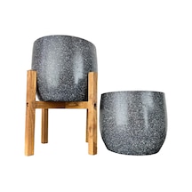 Bitki Tasarımı Ev Dekorasyon Aksesuar Gri Granit Toprak Saksı Saksılık Salon Çiçeklik İkili Set Ayaksız - 4 Ayaklı- 19 Cm