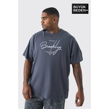 Superlife Erkek Büyük Beden El Yazılı Brooklyn Baskılı 3xl-6xl Bisiklet Yaka Tshırt Spr26bts510-6 Gri