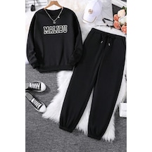 Uyguntarz Unisex Malibu Baskılı Bisiklet Yaka Sweatshirt - 2'li Eşofman Takımı Siyah