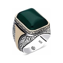 Gümüş Desenli Yeşil Akik Taşlı Kare Erkek Yüzük Gümüş