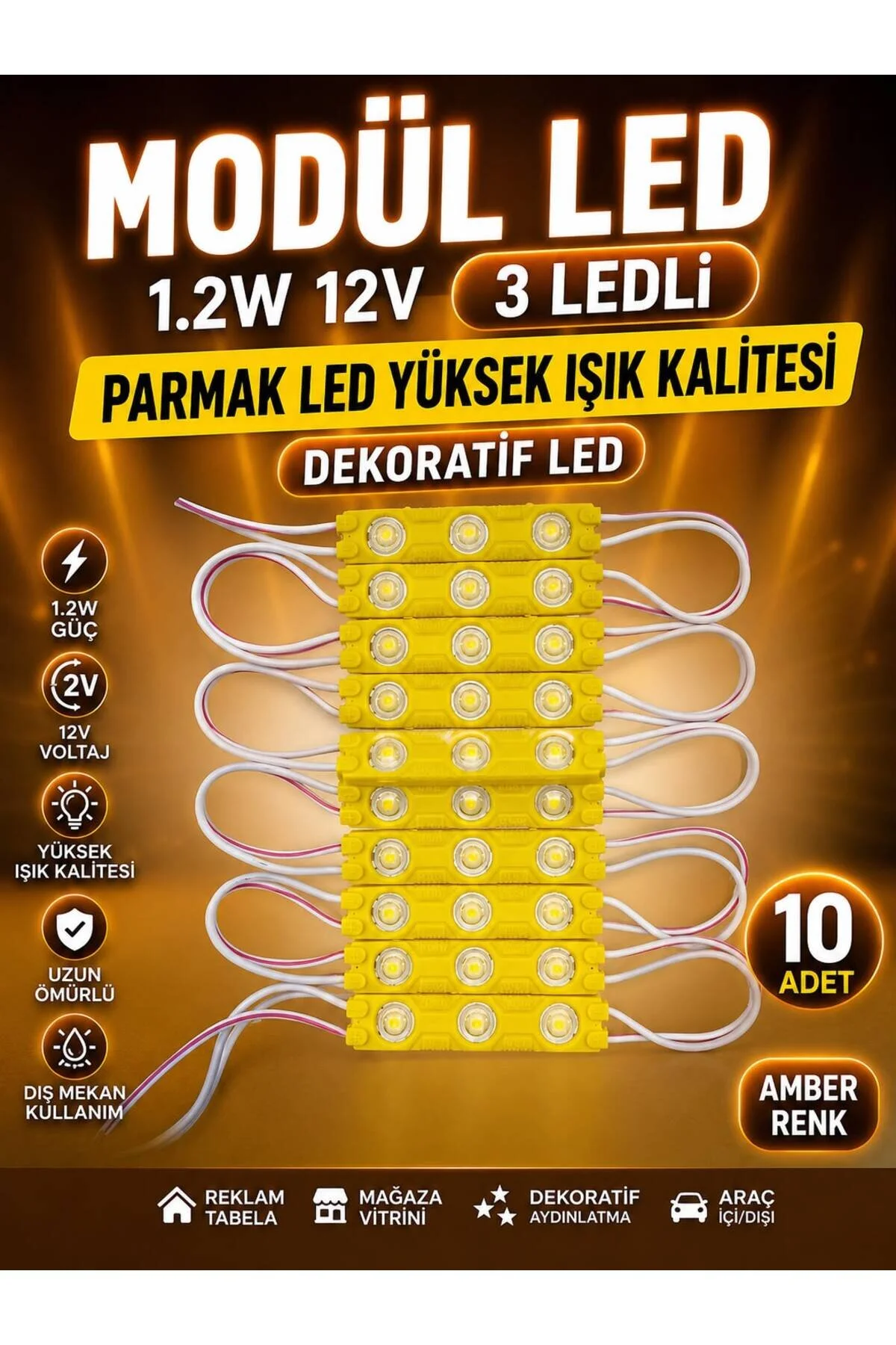 Modül Led 1.2w 12v 3 Ledli Parmak Led Yüksek Işık Kalitesi Dekoratif Led 10 Adet Amber