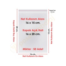 16x15+5 Cm. 16x20 50 Adet Şeffaf Bantlı Yapışkanlı Opp Poşet