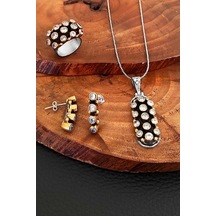 Zirkon Taşlı Otantik Gümüş Kadın Takım Yüzük Küpe Kolye Ucu Set-