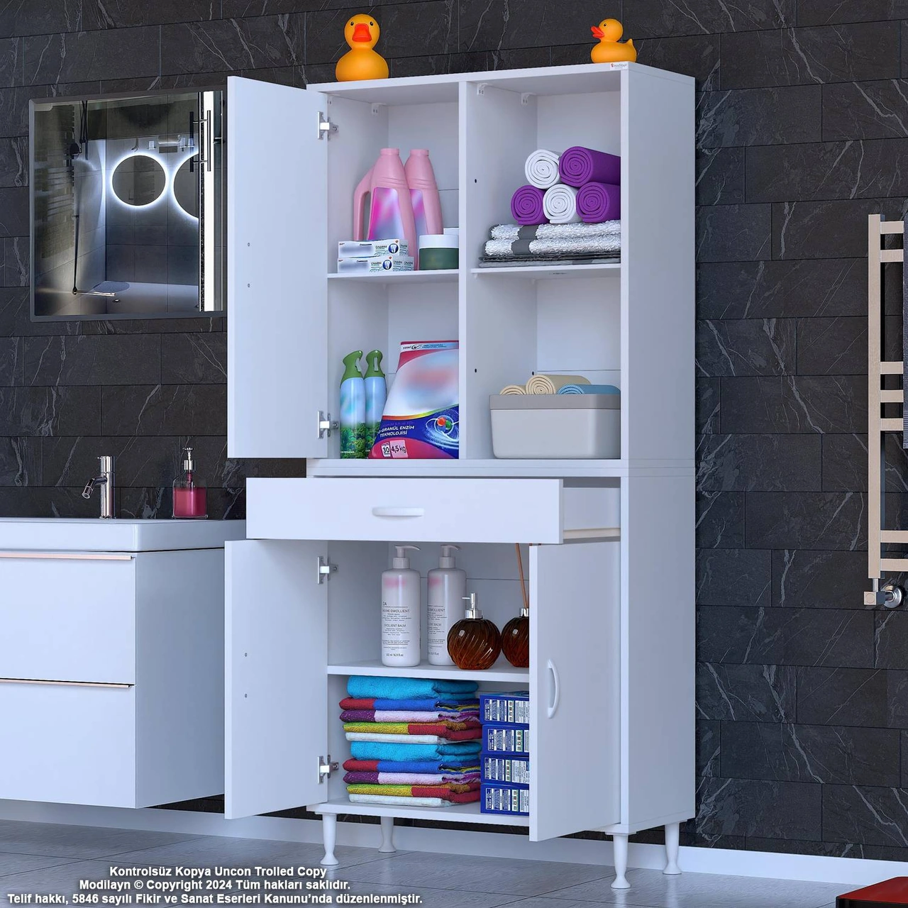 Kayra Banyo Ve Mutfak Dolabı Çok Amaçlı Dolap Tek Çekmece 3 Kapak 3 Raf 6 Bölme 80x173x32,5 Cm Beyaz