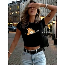 Noıssey Fermuarlı Ayı Desenli Baskı Kadın Babby Tees Yaz Yüksek Elastik O-yaka Sokak Stili Seksi İnce Siyah