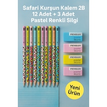 Safari Kurşun Kalem 2b 12 Adet + 3 Adet Pastel Renkli Silgi Çok Renkli