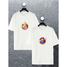 Unisex Kadın Erkek Super Mario Ve Prenses Baskılı Sevgili Çift Kombini Tasarım Oversize Tshirt 2'li Beyaz Mck2419 Beyaz