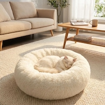 Yuvarlak Ultra Yumuşak Welsoft Peluş Kedi Ve Köpek Yatağı Kaymaz Taban Tüylü Pet Pufu,uyku Minderi Krem 4915