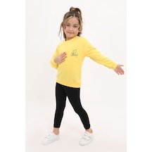 Toontoy Kids Toontoy Kız Çocuk 2'li Takım Baskılı Bisiklet Yaka Düşük Omuz Sweatshirt & Basic Düz Tayt Sarı
