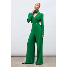 Sateen Kruvaze Süs Taşlı Krep Tulum - Yeşil