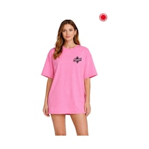 Unisex Oversize Pembe Miami Yazı Baskılı Tişört %100 Pamuk Salaş Günlük Streetwear Trend T-shirt Pembe
