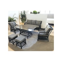 Garden House Antrasit Gri Rattan Gri Kumaşlı Alüminyum Bahçe Koltuk Takımı 3 1 1 2 Puf Masa Bahçe Balkon Takımı Antrasit Gri