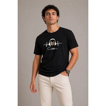 Barlashive Erkek Müzik Temalı Baskılı Tişört Bisiklet Yaka Kısa Kol T-shirt - Siyah Çok Renkli