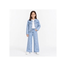 Rony Pony Kids Kız Çocuk Lazer Kedi Baskılı Kot Ceket Pantolon Takımı Geniş Paça 2 Li Denim Set Mavi