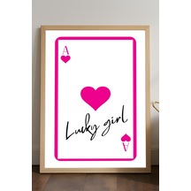 Lucky Girl Oyun Kartı Doğal Ahşap Çerçeveli Poster, Dekoratif Pembe Duvar Tablosu