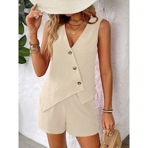 Defymoda Kadın Askılı Önü Düğmeli Asimetrik Detaylı Bluz Ve Astarlı Short Ikili Takım Bej