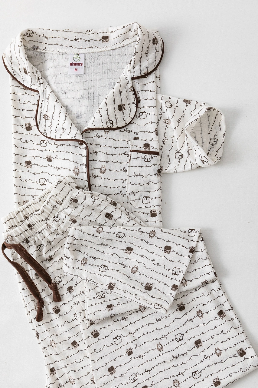 Nisanca Uzun Kol Gömlek Yaka Kadın Büyük Beden Pinterest Pijama Takımı - Mevsimlik Kadın Pijama Kahve