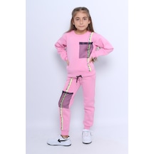 Kız Çocuk 3 İplik Eşofman Takımı Baskılı Cep Detaylı D27 Pembe