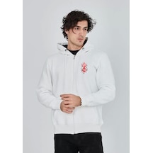 Unisex Baskılı Tam Fermuarlı Kapşonlu Sweatshirt - Beyaz Beyaz