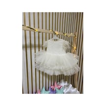 Hayy Baby Kids Wear Beyaz Güpür Kumaş Kolları Tüylü Katlı Çocuk Elbise