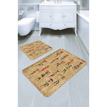 Bej Etnik Desenli Banyo Halısı Klozet 2'li Paspas Seti Bs307n11