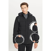 AC&Co / Altınyıldız Classics Erkek Sıyah Standart Fit Normal Kesim Dik Yaka Kapüşonlu Yan Cepli Casual Mont Siyah