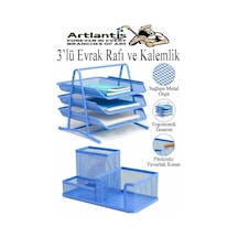 Mavi Metal Evrak Rafı 3 Lü Ve Masaüstü Kalemlik 1 Paket Masaüstü A4 Dosya 3 Katlı Düzenleyici Kağıt Tepsisi Metal Mavi