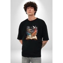 Hikaye Roman Kitabı Gerçekleşti Pamuklu Bisiklet Yaka Unisex Oversize Boyfriend Dijital Baskılı Siyah T-shirt Siyah