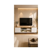 Modern Safir Meşe Raflı Tv Ünitesi 50x180 Cm Şık Minimal Tasarım Salon Konsolu Kahverengi Kahverengi