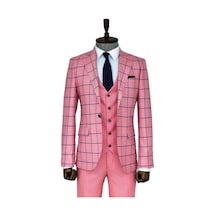 Wessi Ekose Ceketli Slim Fit Pembe Erkek Kombinli Takım Elbise Pembe