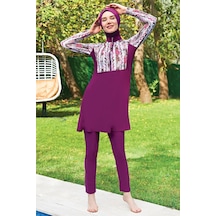 Ruko Maio 2405-3 Mor Desenli Yarım Fermuarlı Reglan Kol Likralı Su İtici Ve Çabuk Kuruyan Kumaş Tesettür Mayo Desenli