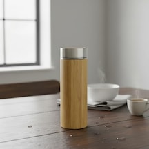 450 Ml Bambu Kaplamalı Çelik Termos - Klasik Bardak Kapaklı Sıcak Ve Soğuk Tutucu Seyahat Termosu Açık Beyaz