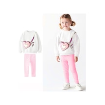 Lolliboomkids Yeni Sezon Süzene Kalp Nakış İşlemeli Esnek Lastik Belli Çantalı Görünümlü 3 İplik Sweatshirt Tayt Alt Üst Takım Pembe Beyaz Pembe - Beyaz