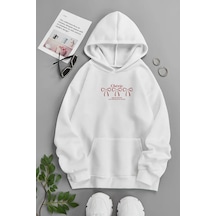 Unisex Beyaz Kapüşonlu Sweatshirt Cherie Kurdela ,baskılı Şardonlu Kalın Kumaş Beyaz