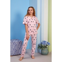 Kalp Desenli Yazlık Kız Çocuk Pijama Takımı - Pembe Düğmeli Gömlek Yakalı %100 Pamuklu Takım Pembe