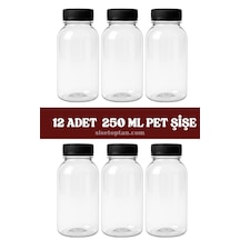 250ml Pet Yuvarlak Şişe Ve Siyah Kapak 6 Adet Şeffaf - Siyah