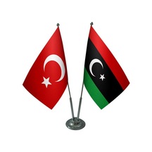 Masa Üstü'libya Bayrağı Türk Bayrağı İkili Krom Direk Masa Bayrak