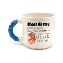 Kendime Pozitif Bir Gün Diliyorum Baskılı Mavi Kulplu Boncuk Kupa